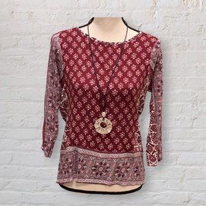 Lucky Brand Burgundy Print Boho Top 3/4 Sleeve